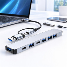 Універсальний USB Type-C хаб 7в1 для ноутбука та ПК, мультипортовий адаптер-розгалужувач, сірий